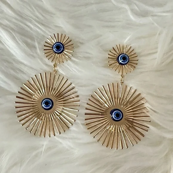 Golden Evil Eye 🧿 Dangle Earrings - Picture 7 of 7